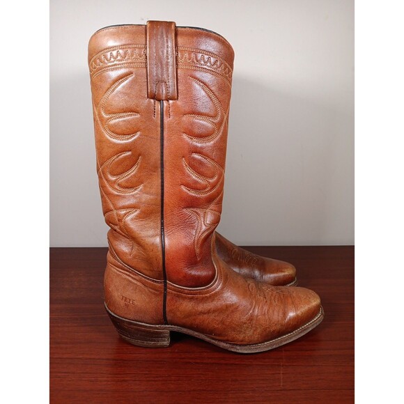 Vintage Frye Cowboy Western Boots 10.5 D Brown Leather Stitching Block Heel USA main image 9